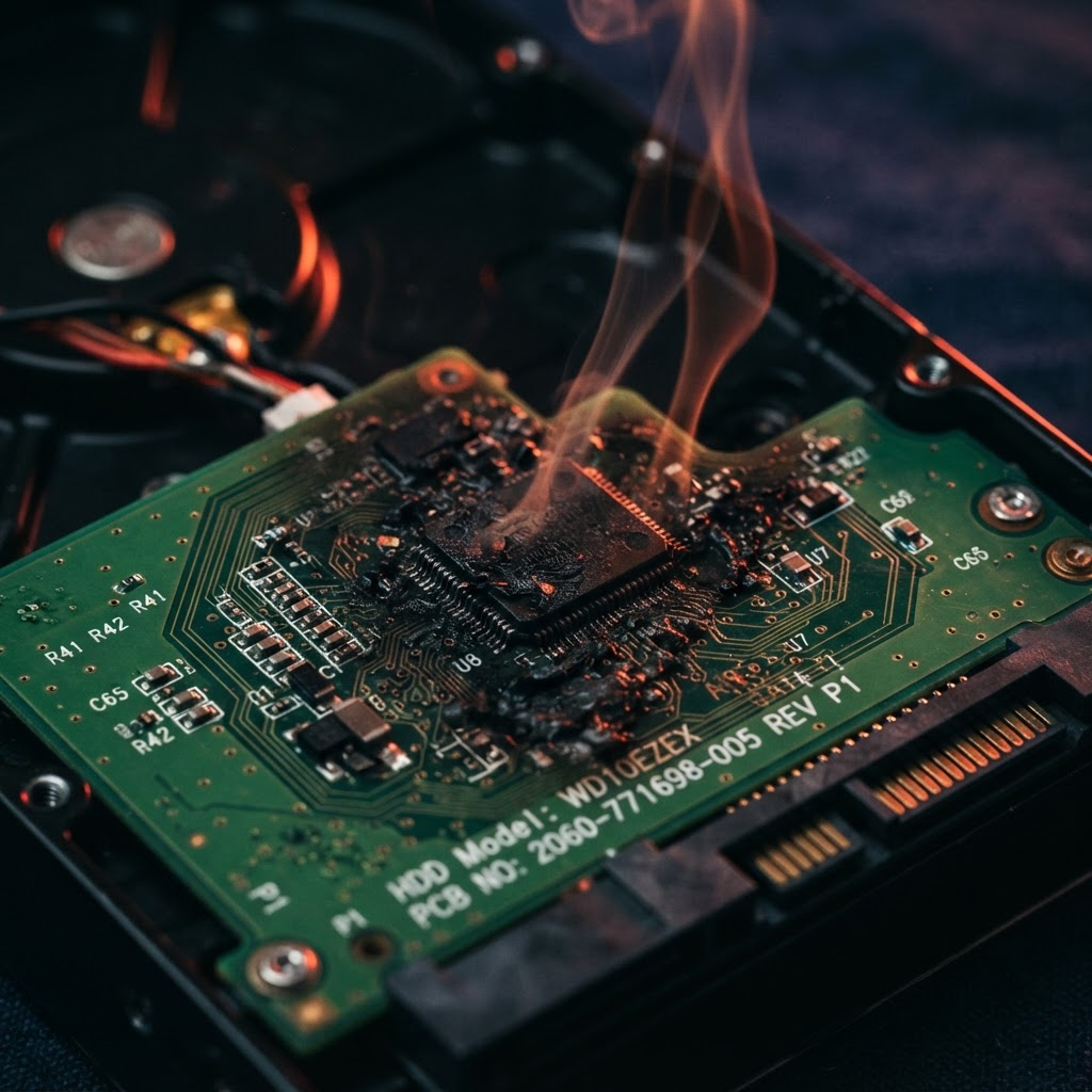 Placa de HD com chip queimado e marcas de fumaça