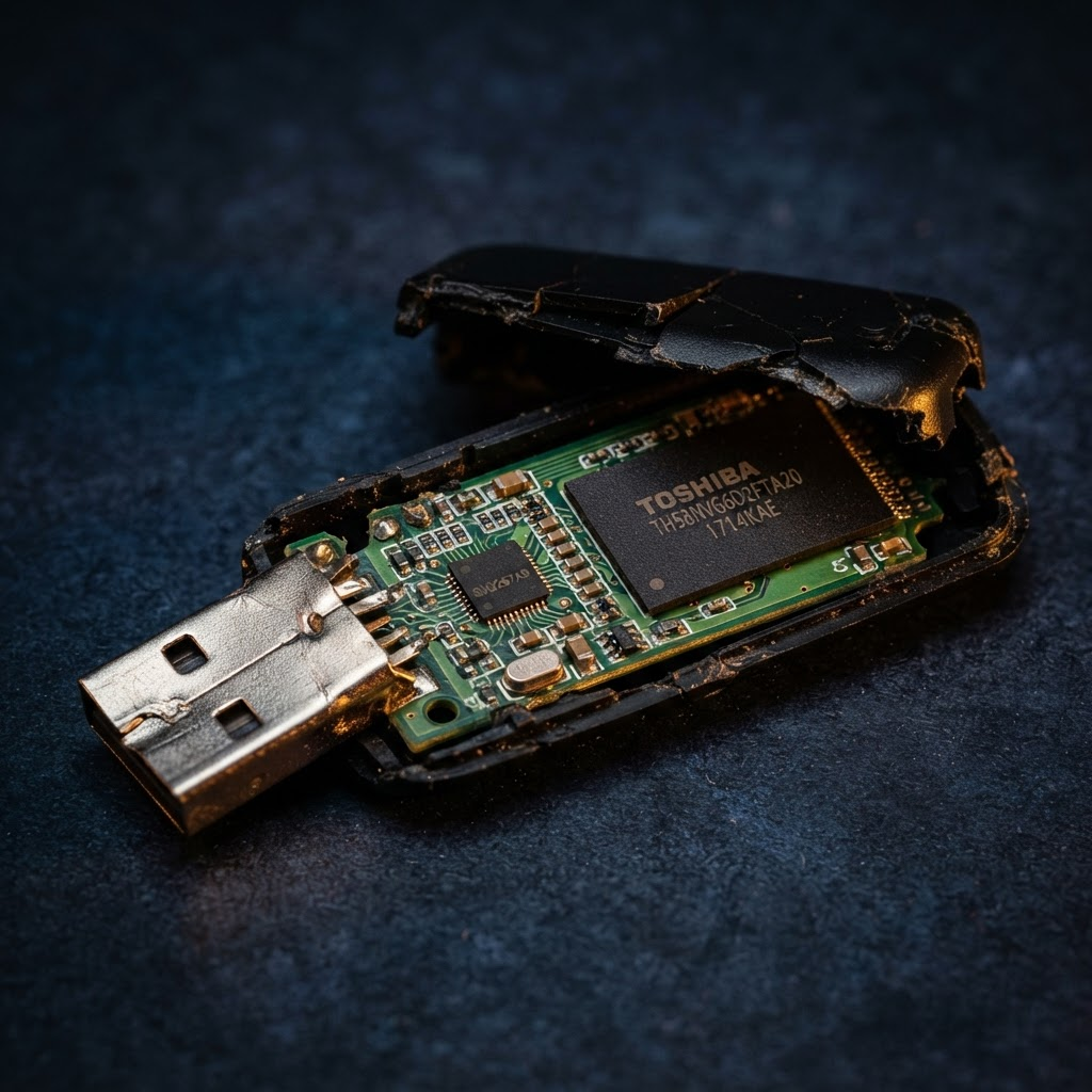 Pendrive quebrado e aberto com chip de memória exposto