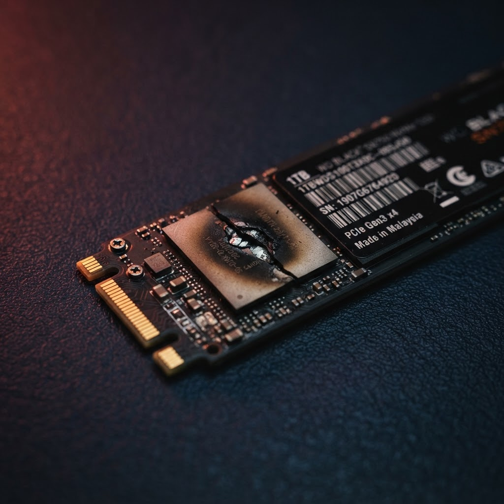 SSD NVMe com controladora rachada e marca de queimado
