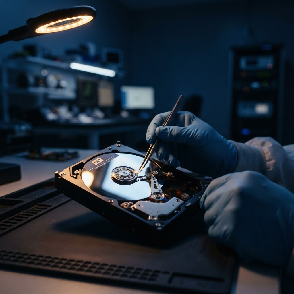 Mãos de técnico com luvas trabalhando em um HD aberto no laboratório
